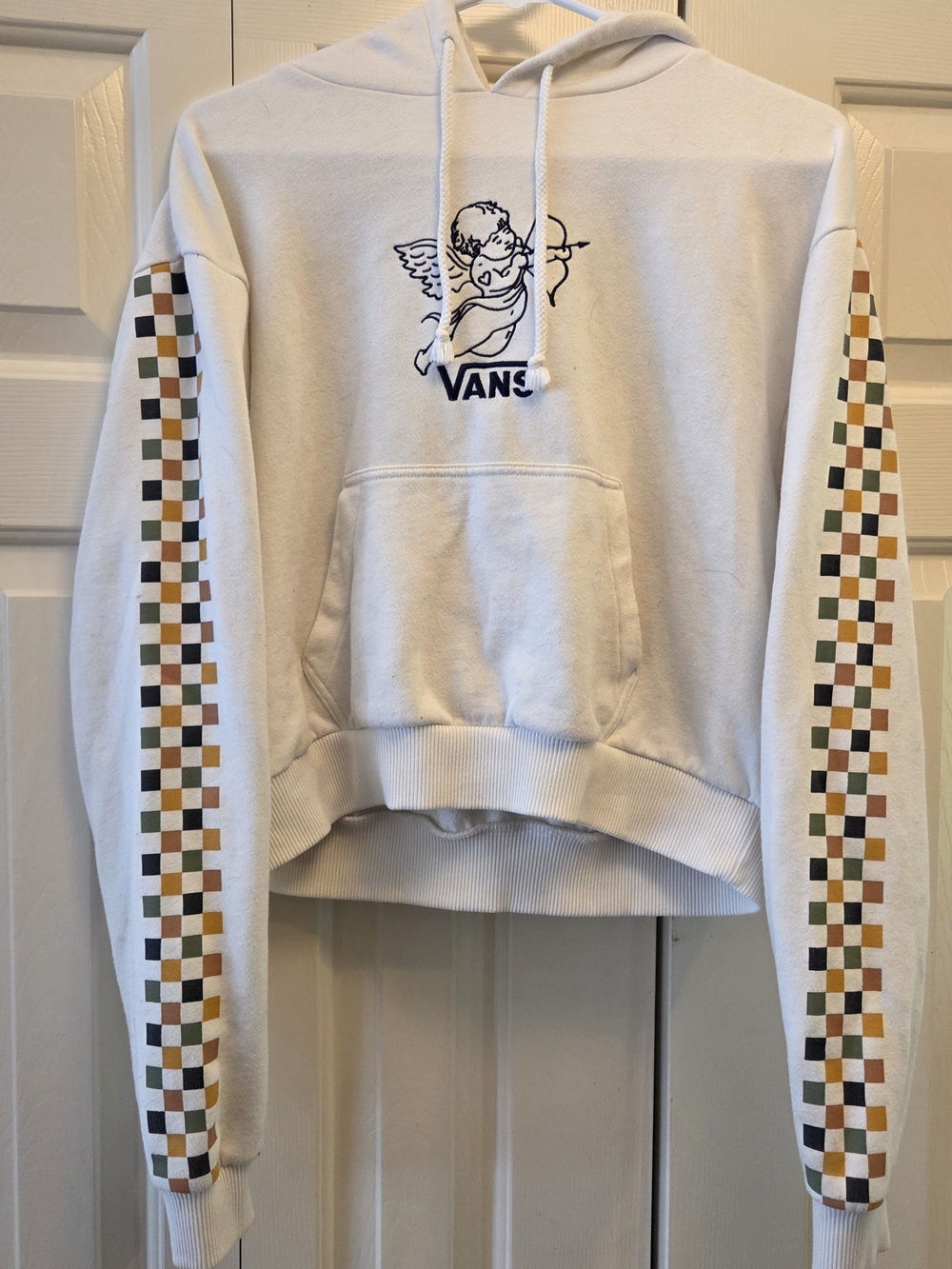Vans White Cropped Hoodie With Angel Embroidery On Front